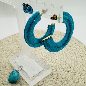 Teal Heart Pendant, Hoop Earrings, And Lady Bug Earrings Set